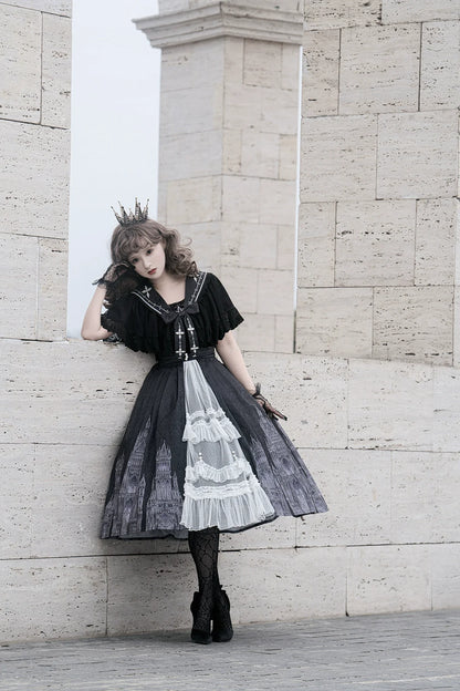 Cornfield Lolita - Silent Church - Gothic Lolita JSK Front Open Printed Dress and Thin Cardigan Set