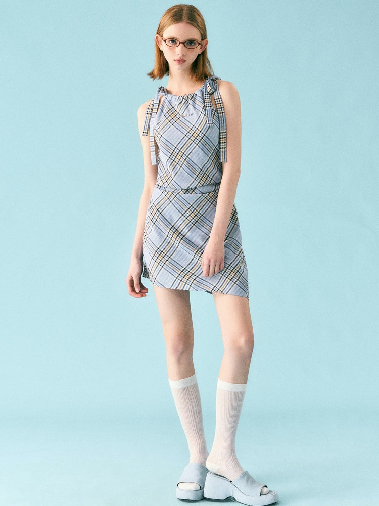 Sleeveless Check Suspender Asymmetric Dress【s0000002218】