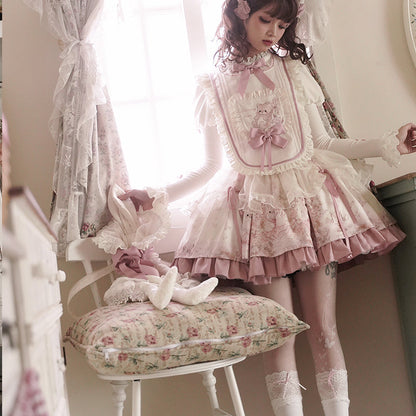 Half Sweet Lolita - Doll Garden - Sweet Lolita JSK Dress Cat Print Pink Dress Set