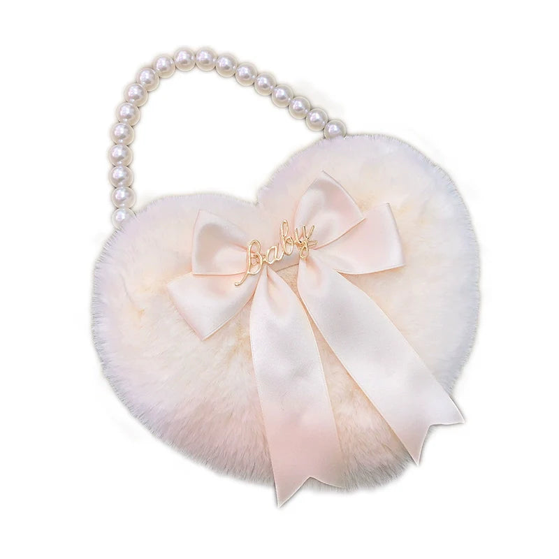 MAID - Kawaii Lolita Heart Bag Plush Pearl Chain Handbag