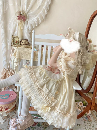 Ilovexiaolu - Meow Lullaby - Cotton Kawaii Lolita OP Dress with Removable Kitty Apron