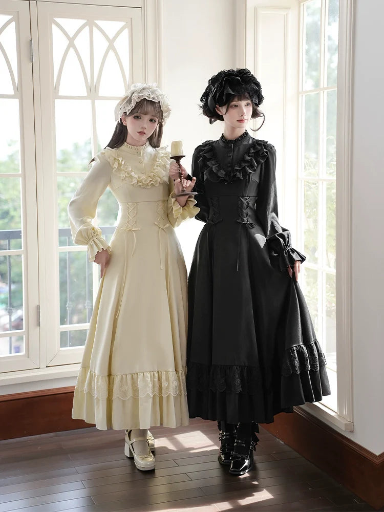 With PUJI - White Daylight - Elegant Lolita Long Sleeve OP Dress, Side Zipper