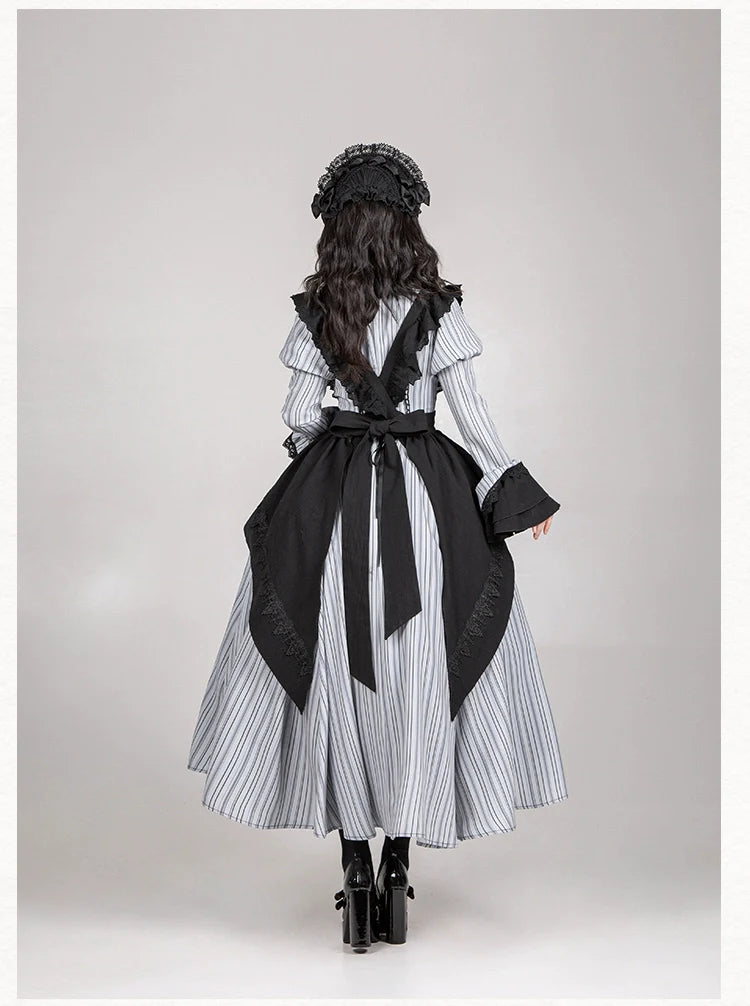 With PUJI - Nocturne SP - Striped Gothic Lolita OP Twin Lolita Dress with Apron