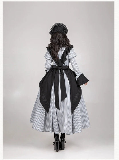 With PUJI - Nocturne SP - Striped Gothic Lolita OP Twin Lolita Dress with Apron