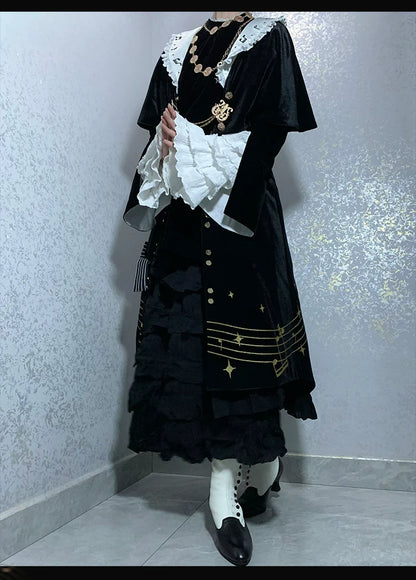 Forest Fluorescent Carps - Black and White Sonata - Ouji Lolita Vest Suit and Vintage Lolita OP Dress