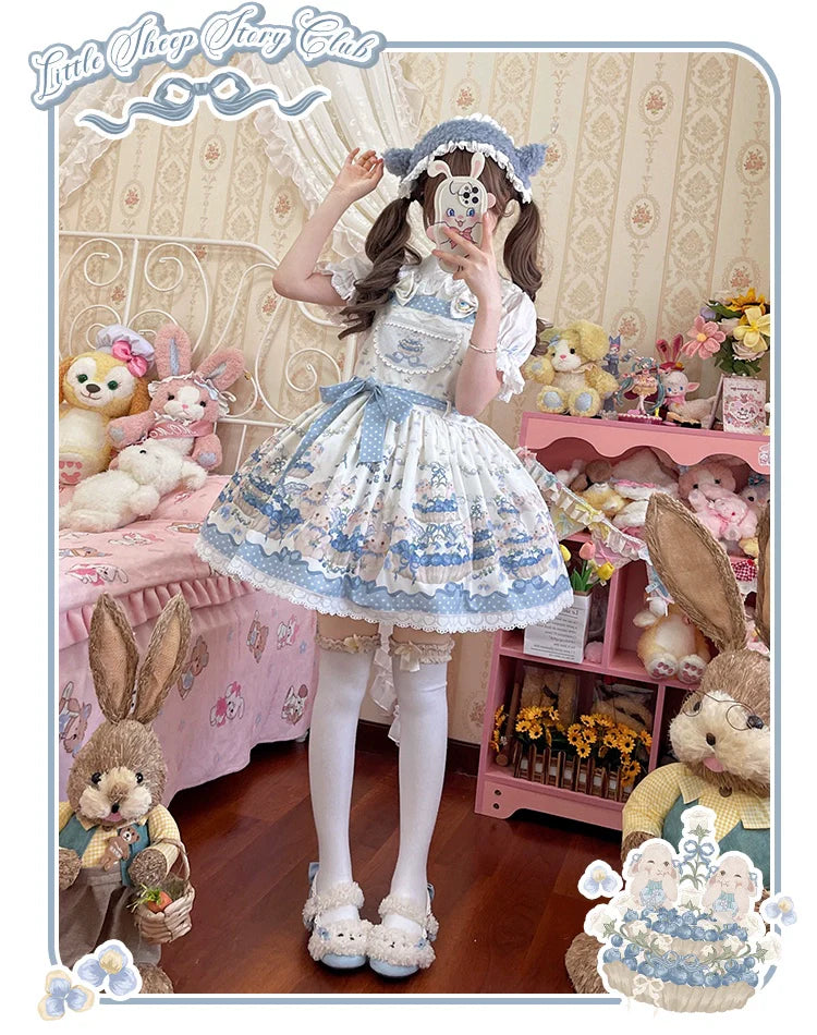 Akiyama Future Studio - Blueberry Tart Party - Sweet Blue Lolita Salopette Dress Blueberry Tart Print JSK Dress