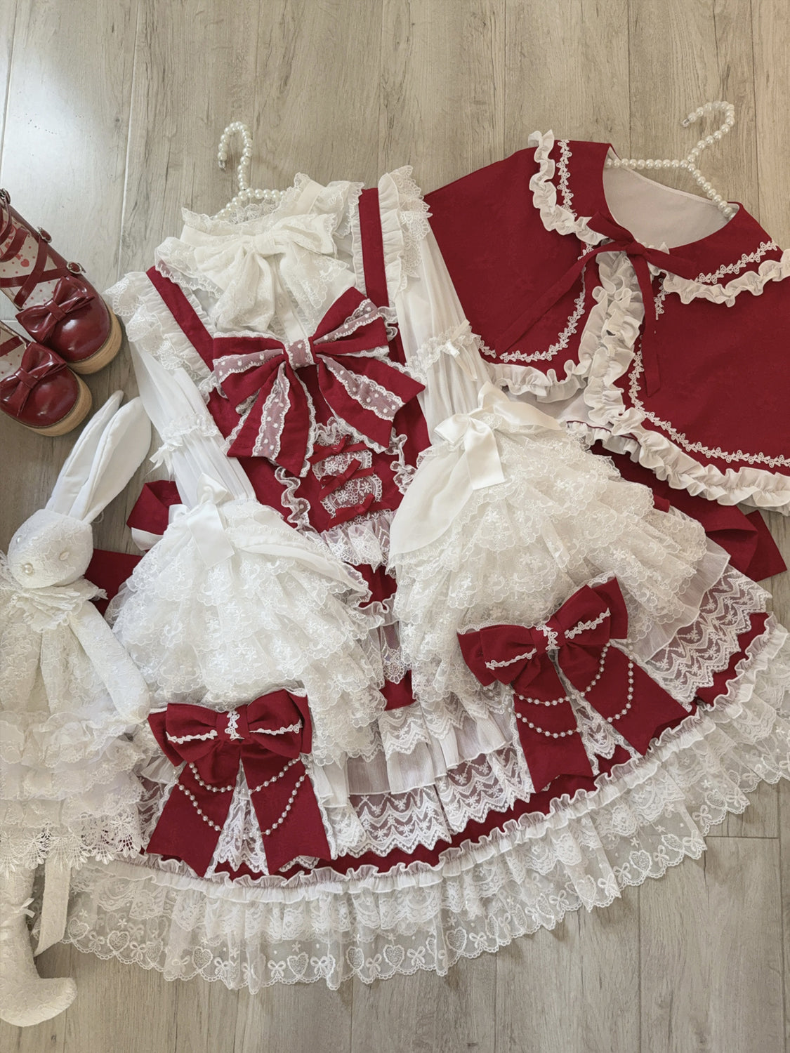 Hanguliang - Cross Heart Knot - Sweet Lolita JSK Suit Tiered Ruffles Dress with Lace Blouse