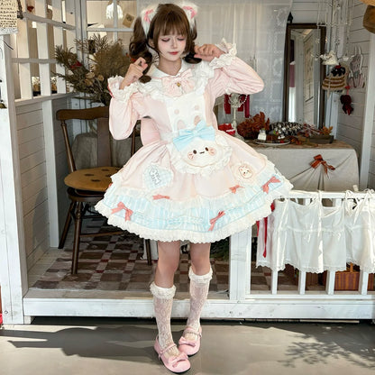 Jiuli Lolita - Nine Meow Bunny - Sweet Lolita Bunny Apron OP Dress, Back Zipper