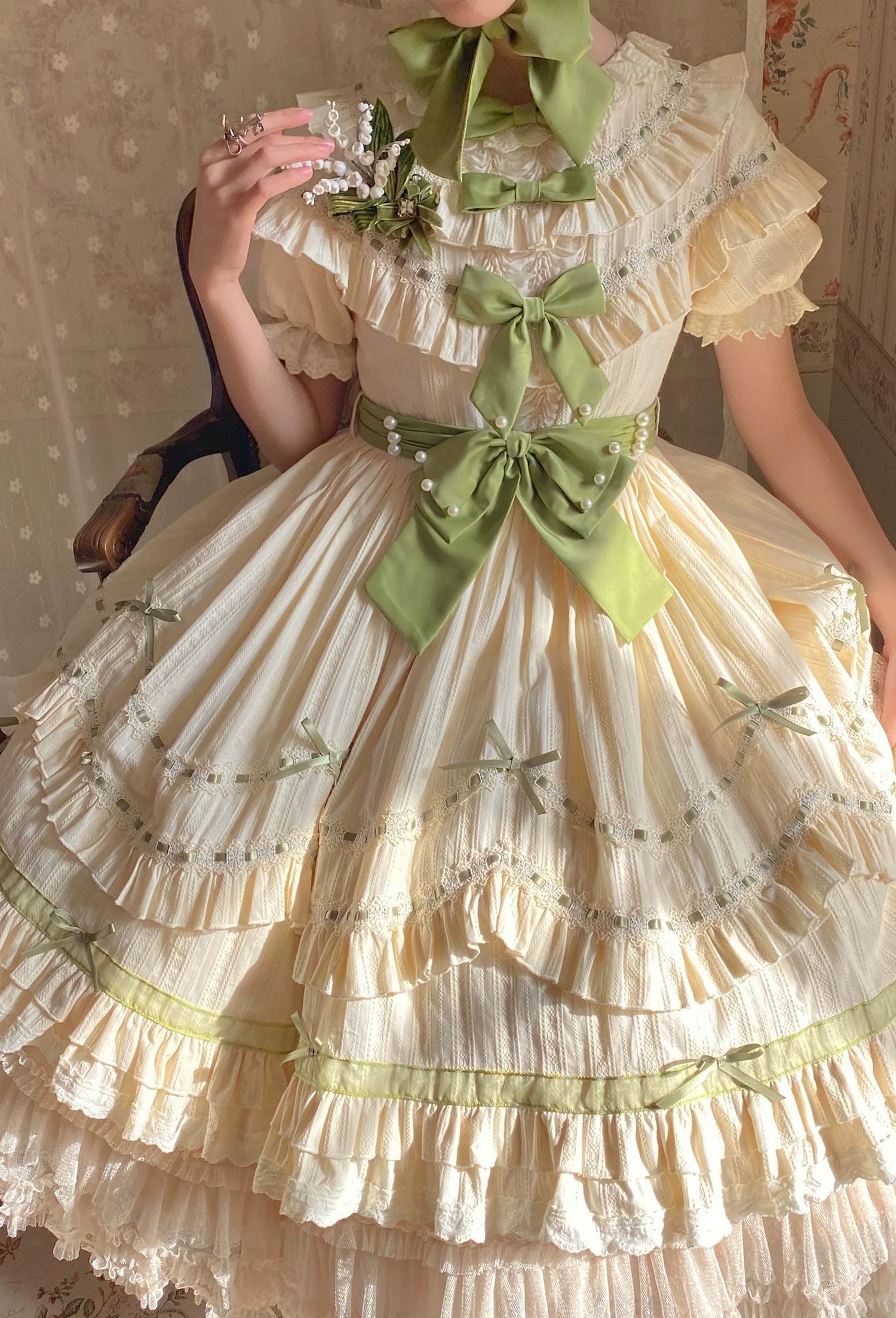 Lemon Cantata - Lily of the Valley - Country Lolita OP Dress, Tiered Ruffles