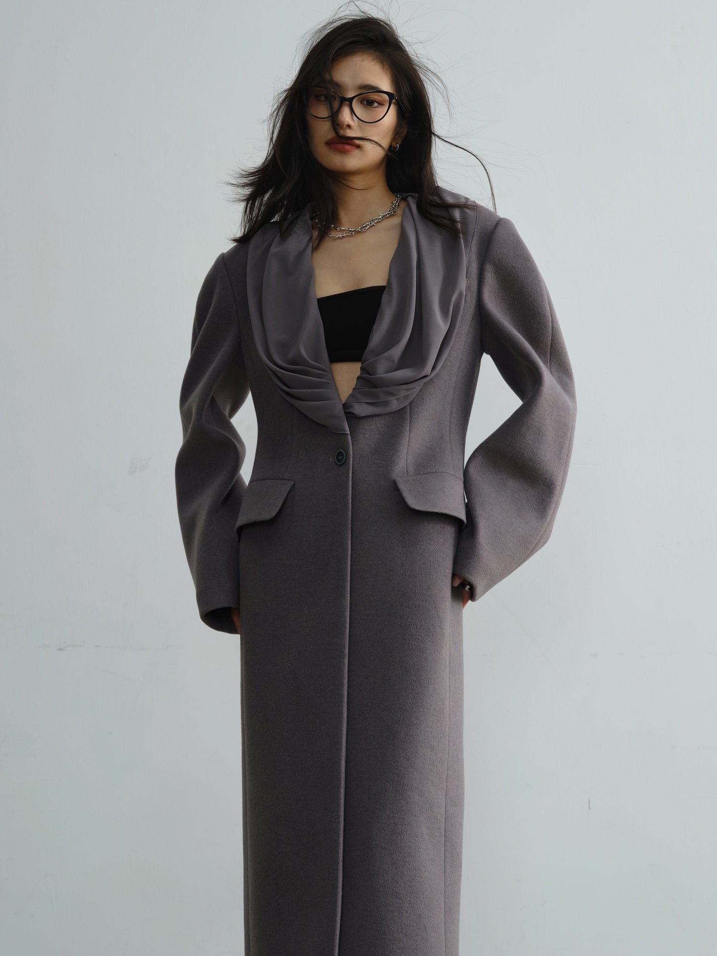 Drape Collar Modern Coat With Scarf