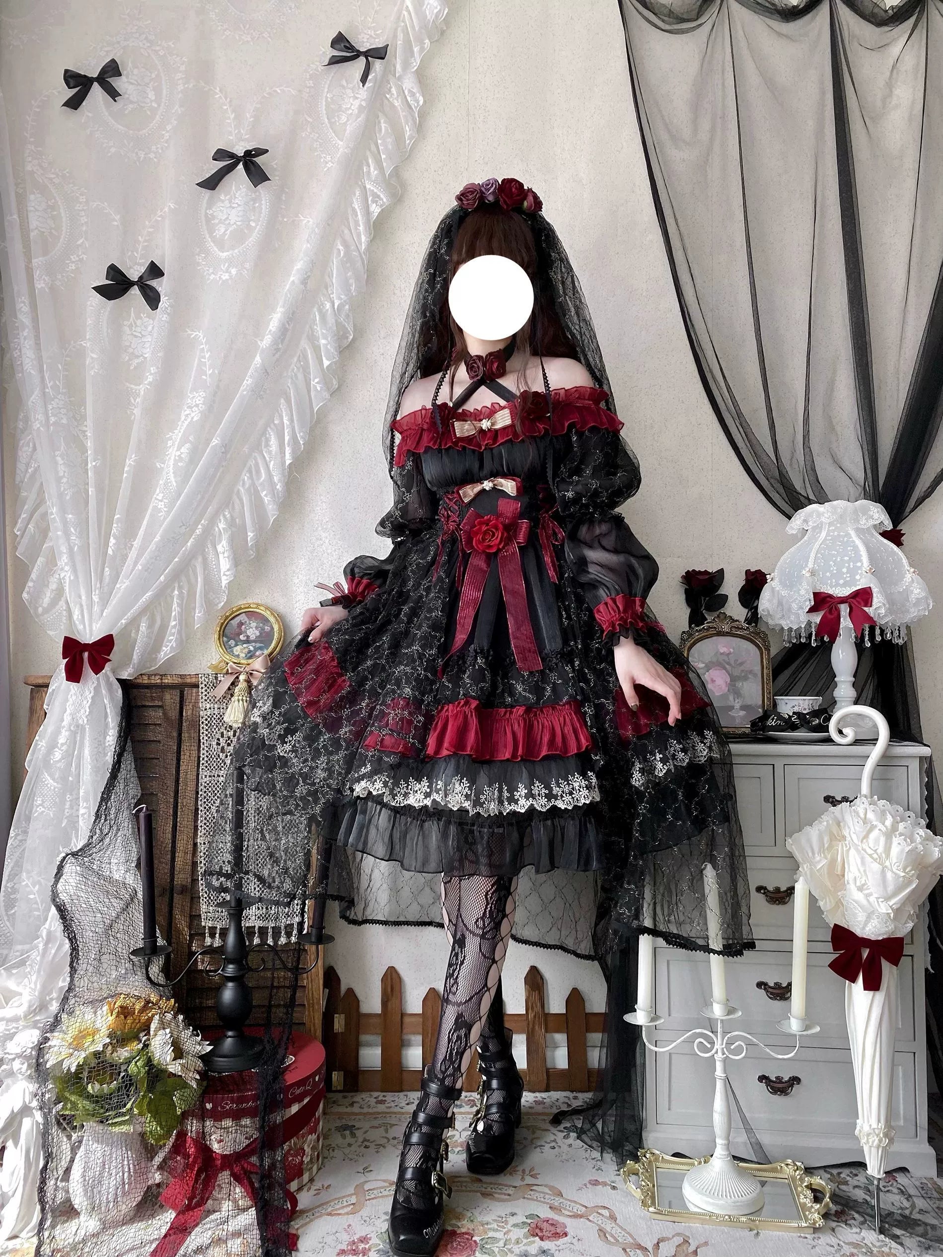 Uncle's Workshop - Night of Berea - Gothic Lolita OP Black and Red Lolita Dress