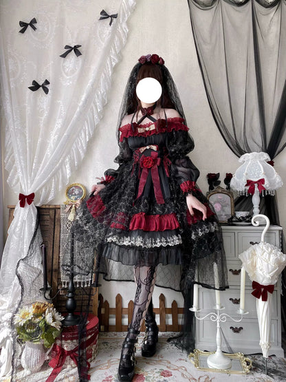 Uncle's Workshop - Night of Berea - Gothic Lolita OP Black and Red Lolita Dress