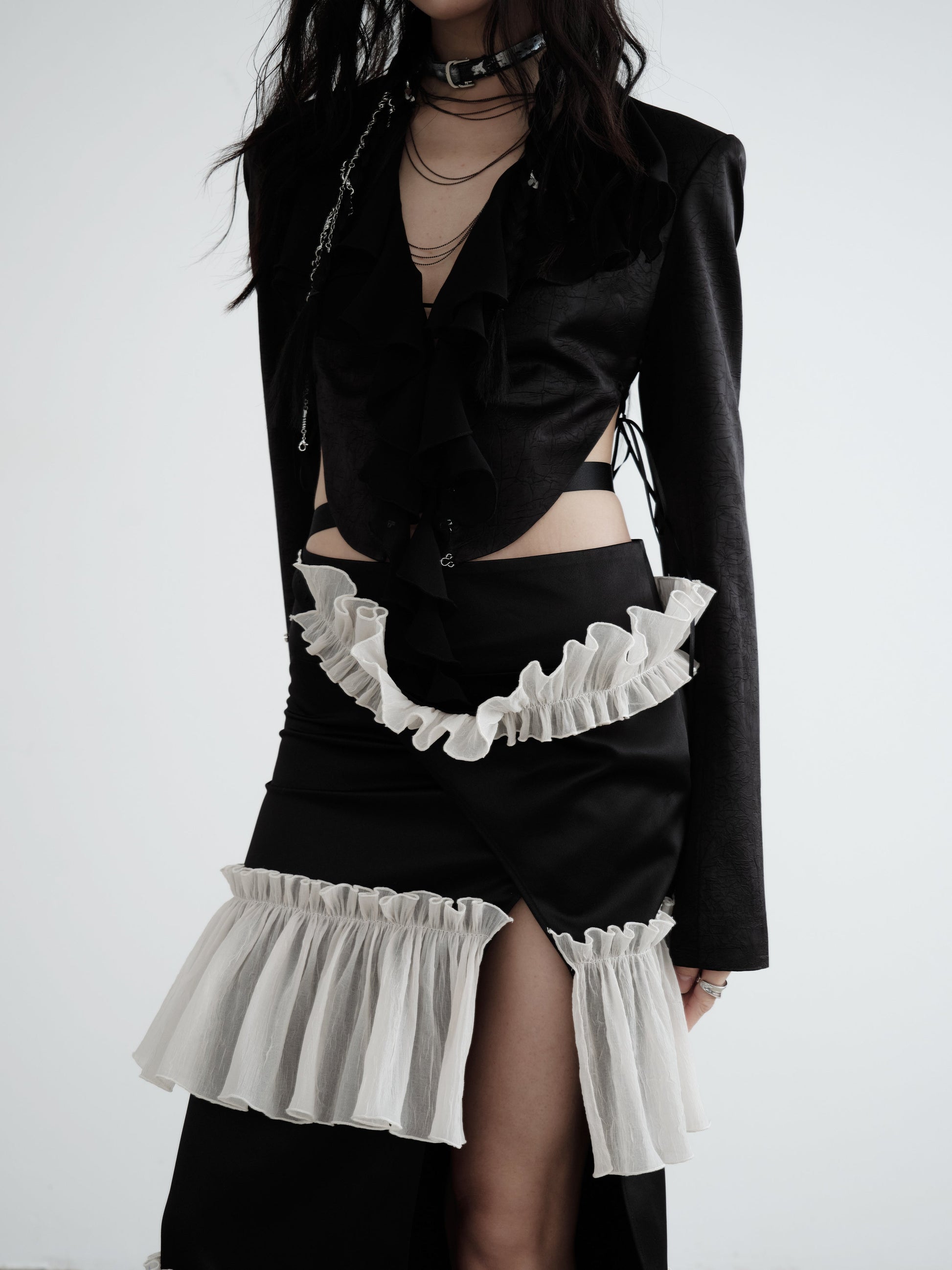 Waist Exposed Pleated Textured Satin Short Jacket