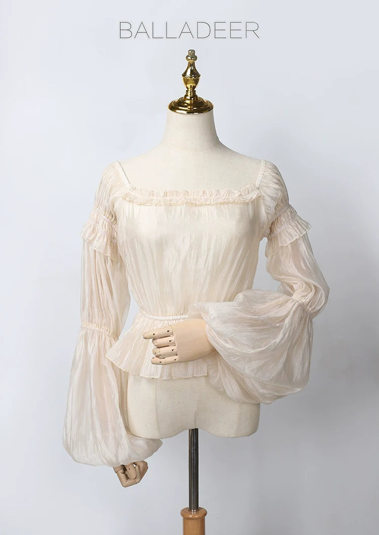 Balladeer - Classic Lolita Shirt Puff Sleeves Open Shoulder Blouse
