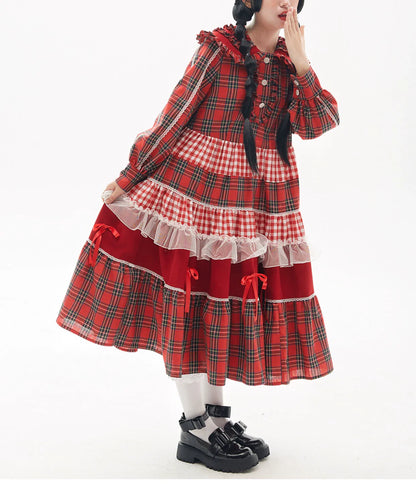 Soso Meme Club - Vintage Lolita OP Dress Red Lolita Plaid Dress for Spring Summer