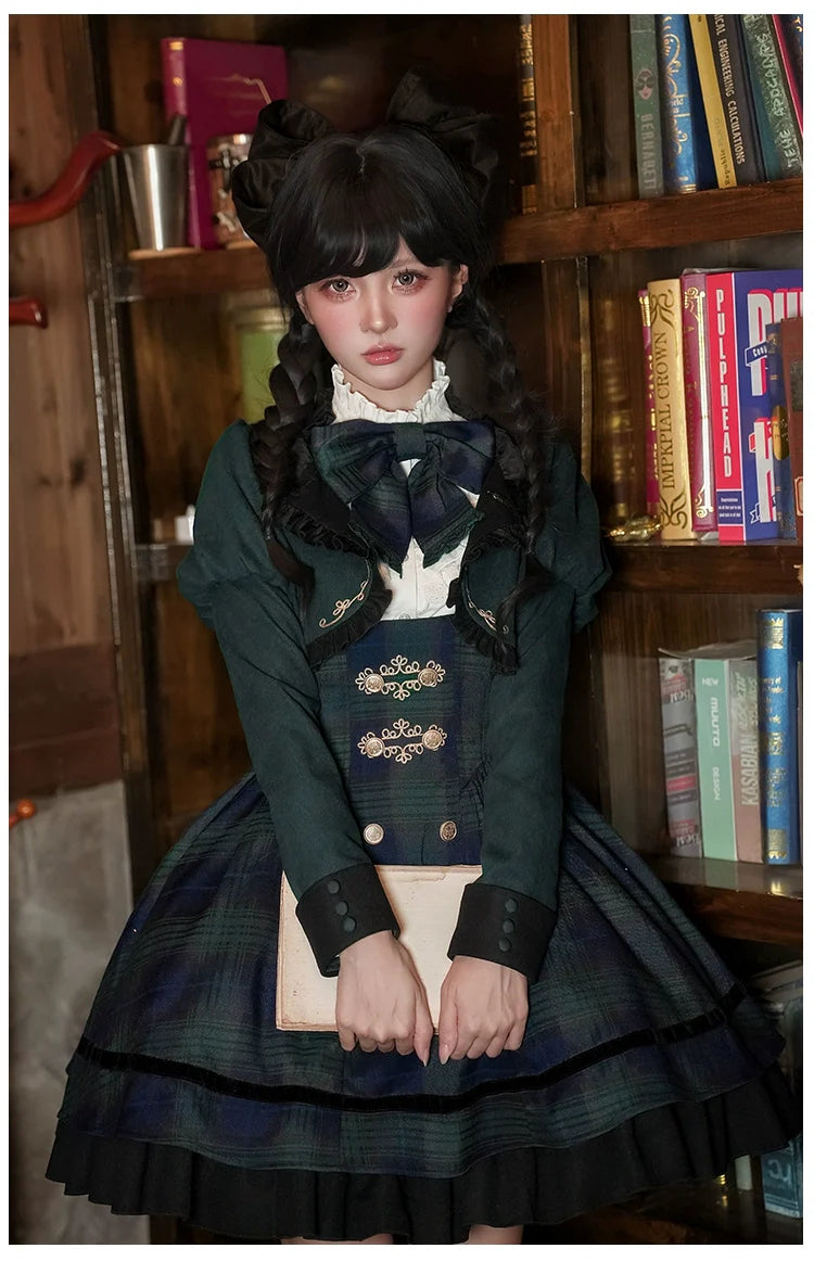 With PUJI - Berlin Souvenir - Plaid Preppy Style Lolita Bust Supporting JSK Outfit
