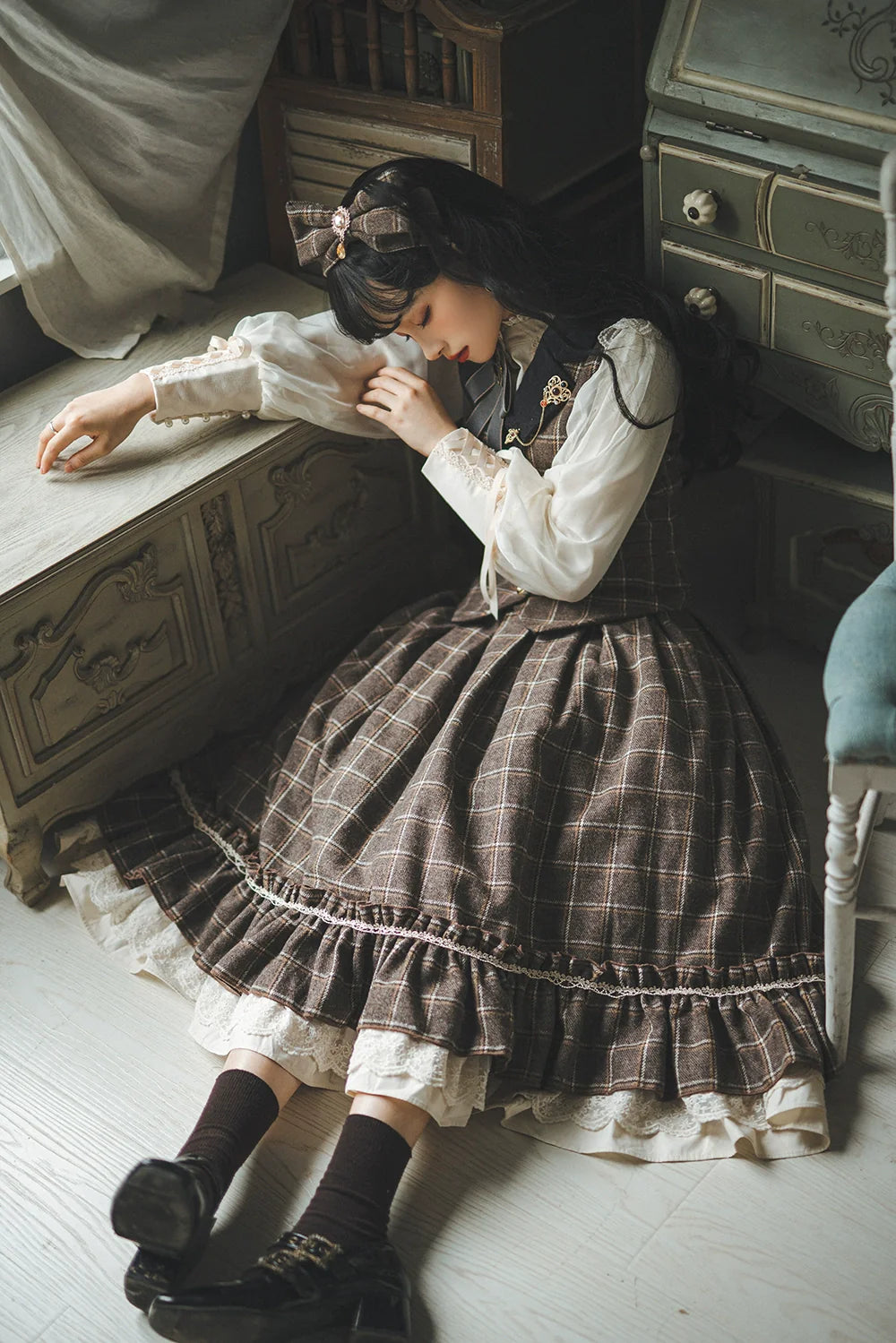 Miss Point - Rose - Elegant Lolita Fishbone Grid Skirt Customized