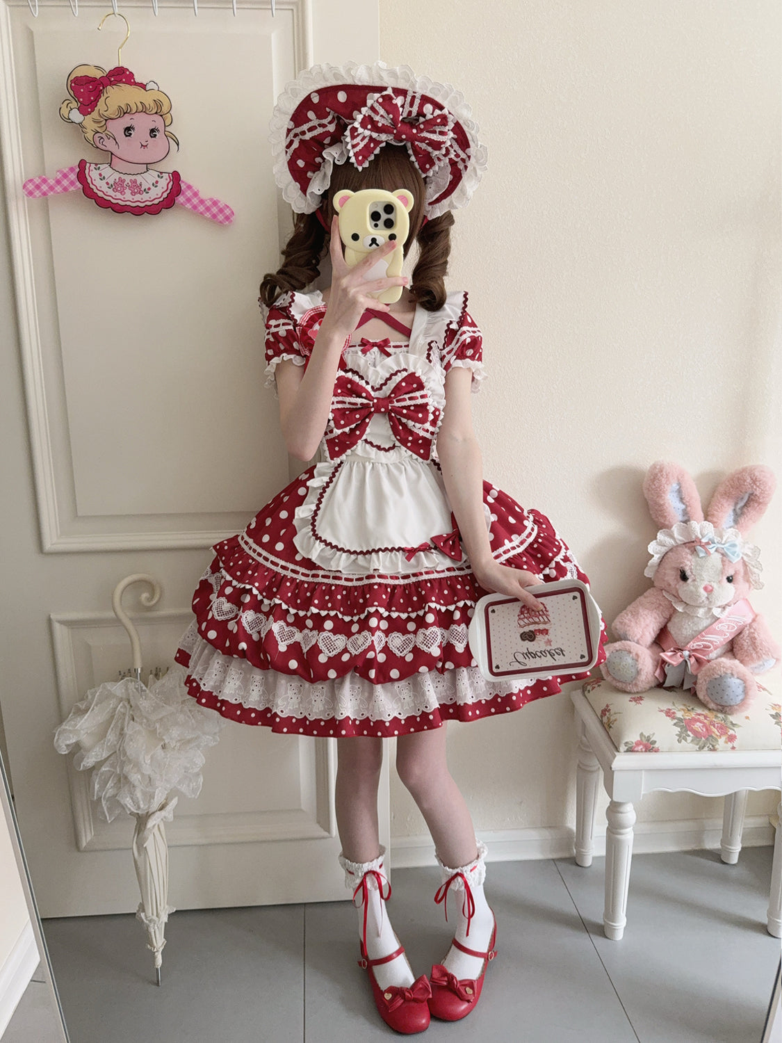 Hanguliang - Berry Bubble - Sweet Lolita OP Suit Tiered Ruffles Skirt with Polka Dots