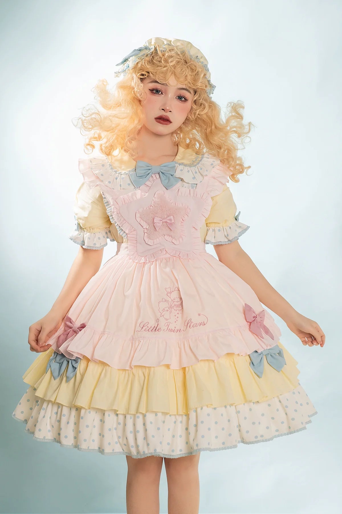 Vcastle - Sweet Lolita OP Dress Splicing Sleeve Apron Dot Print Dress