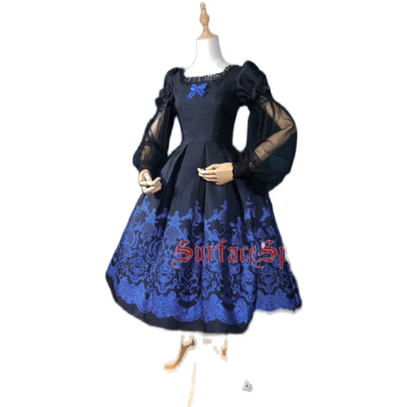 Surface Spell - Nocturne - Custom Gothic Lolita Dress Brocade Puff Sleeve Dress