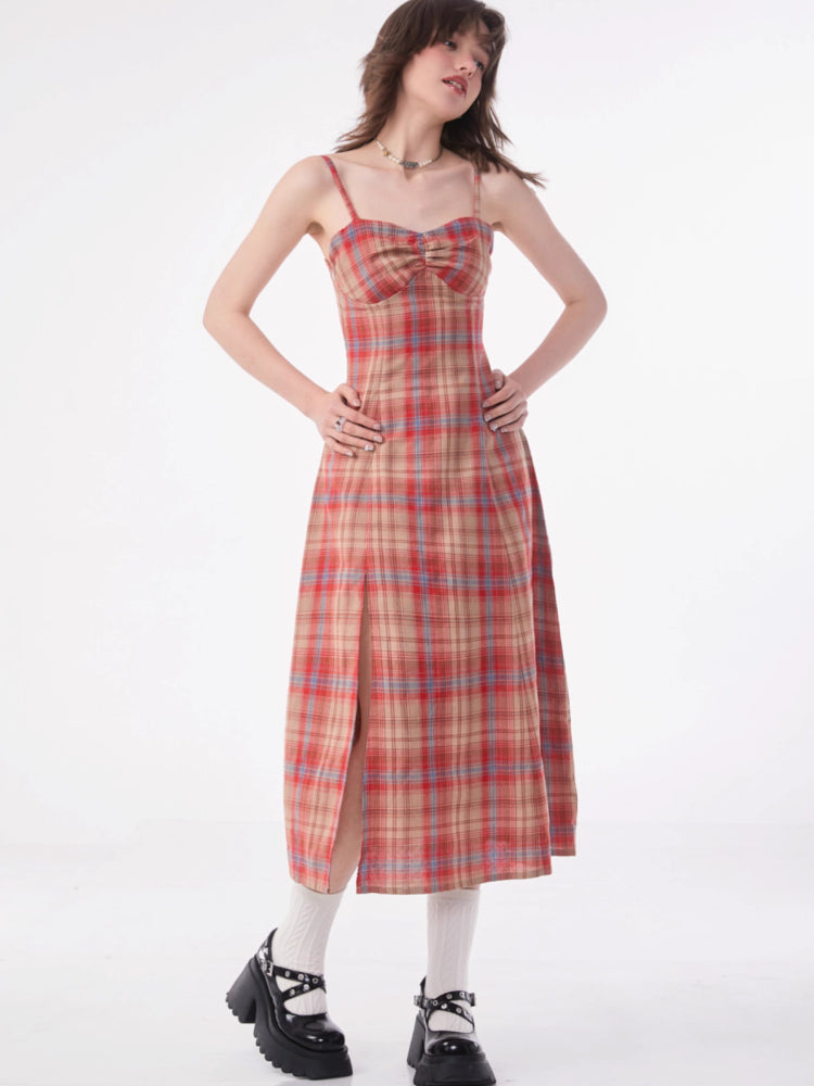 Retro plaid suspender dress【s0000007831】