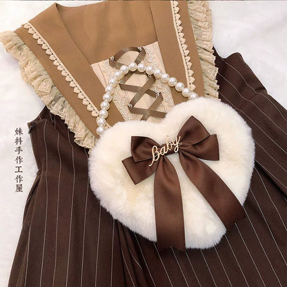MAID - Kawaii Lolita Heart Bag Plush Pearl Chain Handbag