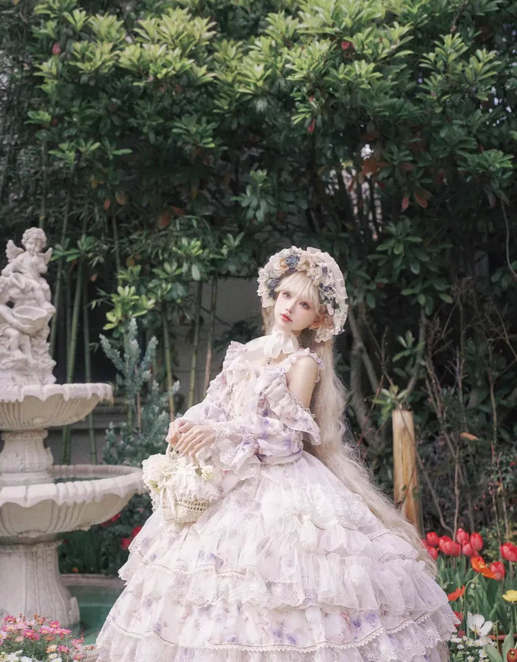 Cat Fairy - Rose Letter - Gorgeous Lolita JSK Princess Dress Chiffon Floral Printed Blue Dress