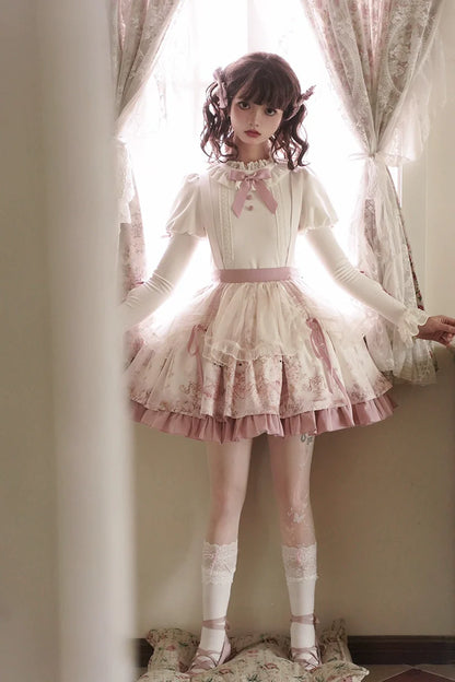 Half Sweet Lolita - Doll Garden - Sweet Lolita JSK Dress Cat Print Pink Dress Set