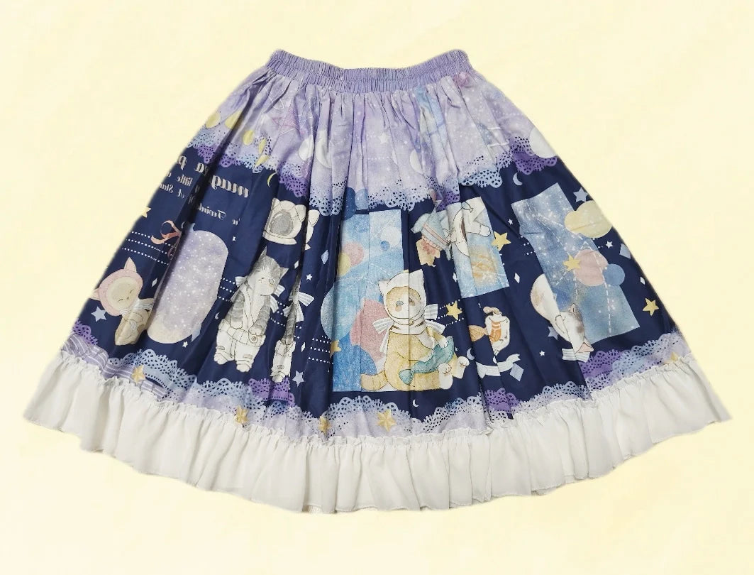 Magic Tea Party - Kawaii Cotton Lolita SK With Bunny & Cosmic Cat Prints