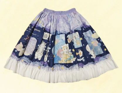Magic Tea Party - Kawaii Cotton Lolita SK With Bunny & Cosmic Cat Prints
