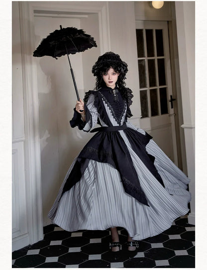With PUJI - Nocturne SP - Striped Gothic Lolita OP Twin Lolita Dress with Apron
