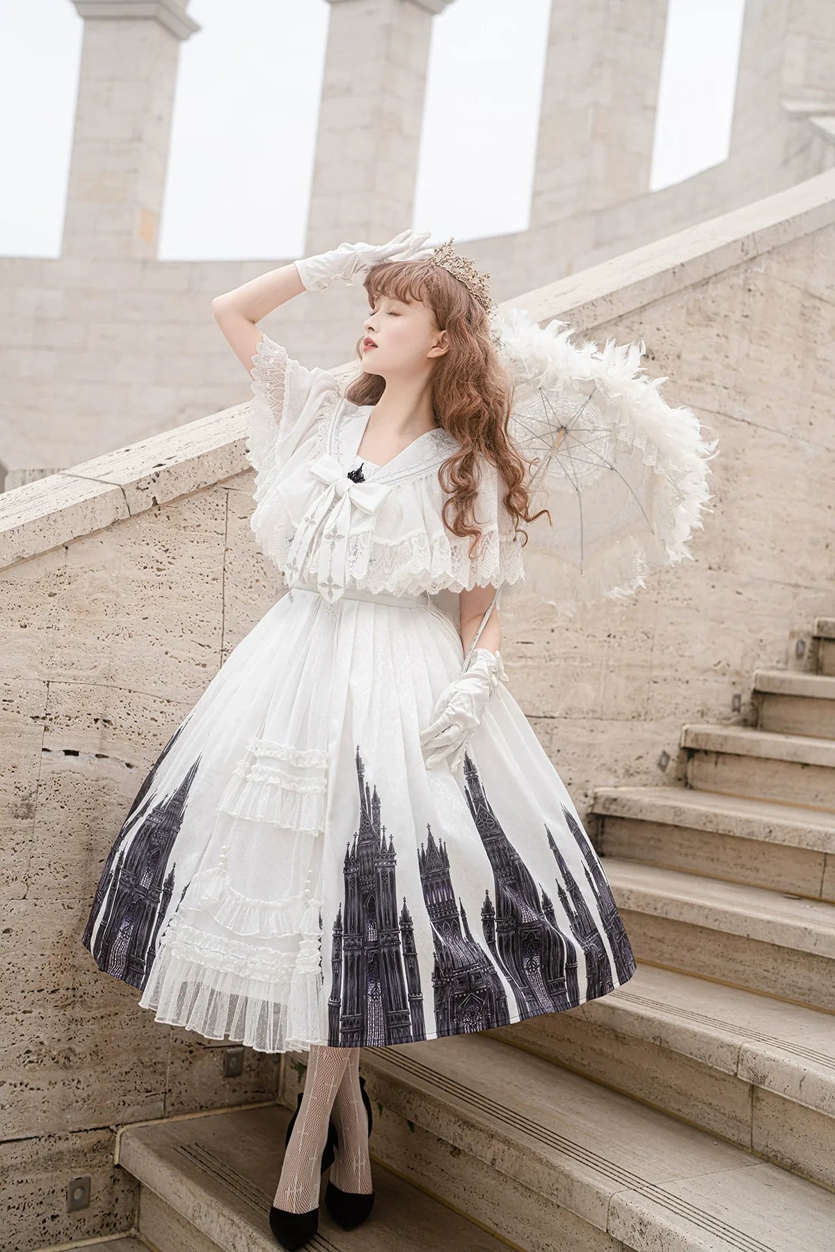 Cornfield Lolita - Silent Church - Gothic Lolita JSK Front Open Printed Dress and Thin Cardigan Set