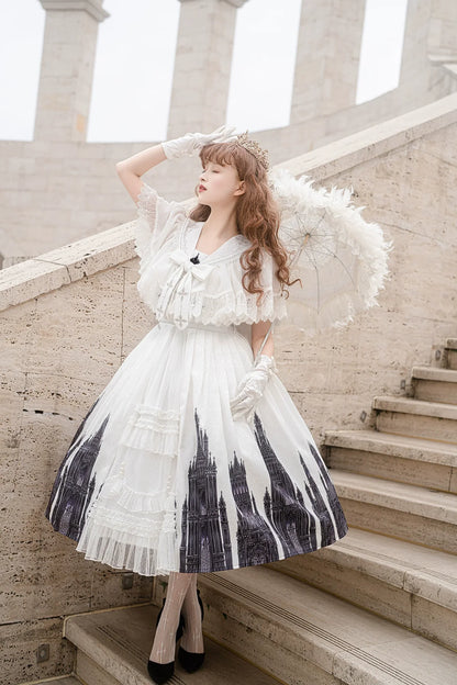 Cornfield Lolita - Silent Church - Gothic Lolita JSK Front Open Printed Dress and Thin Cardigan Set