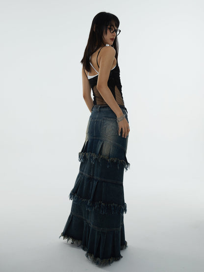 Washed Tassel Raw Edges Super Long Denim Skirt