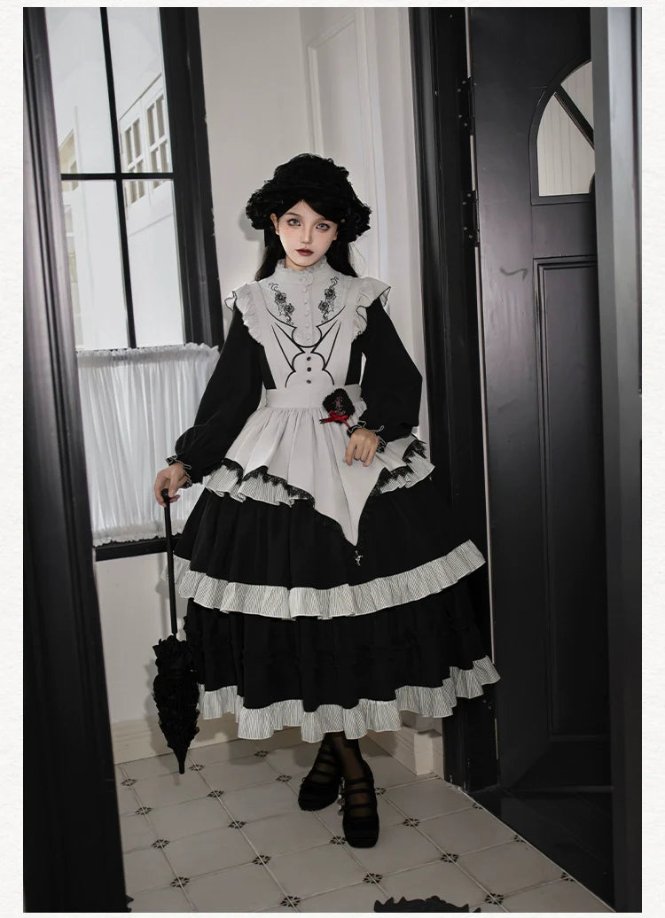 With PUJI - Castle Night - Gothic Twins Lolita OP Three-tiered Embroidery Dress