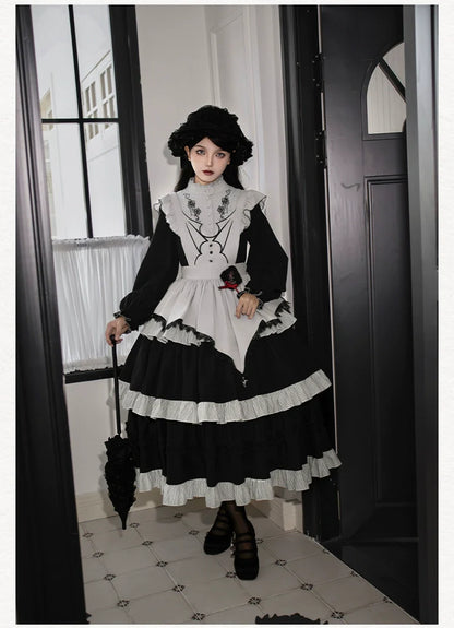 With PUJI - Castle Night - Gothic Twins Lolita OP Three-tiered Embroidery Dress
