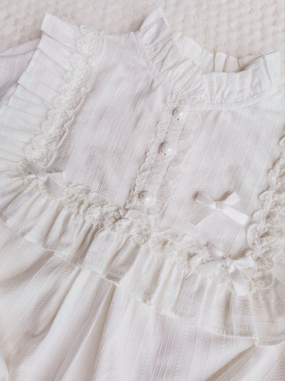 Yilia - Cotton Lolita Lace Long Sleeve White Blouse