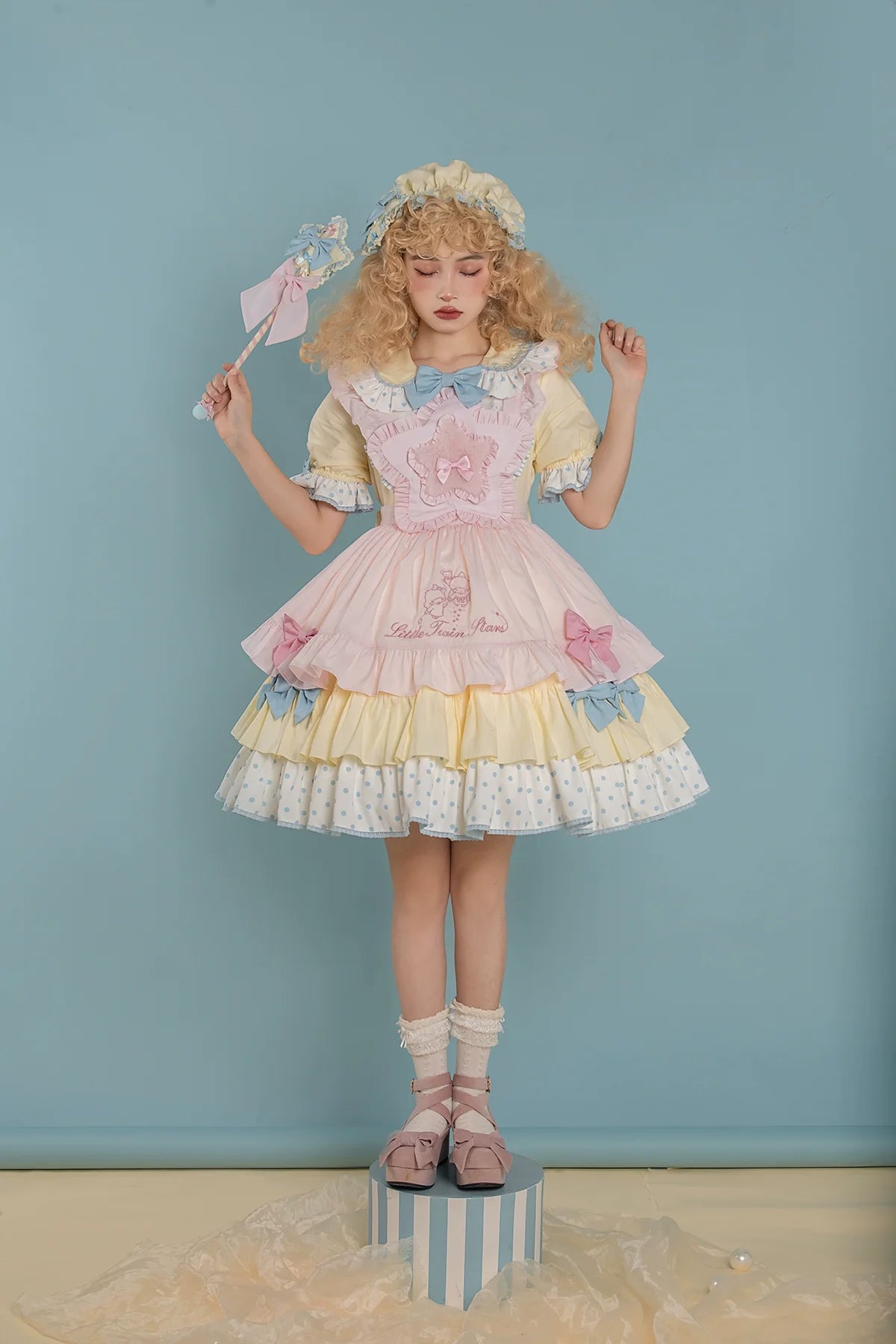 Vcastle - Sweet Lolita OP Dress Splicing Sleeve Apron Dot Print Dress