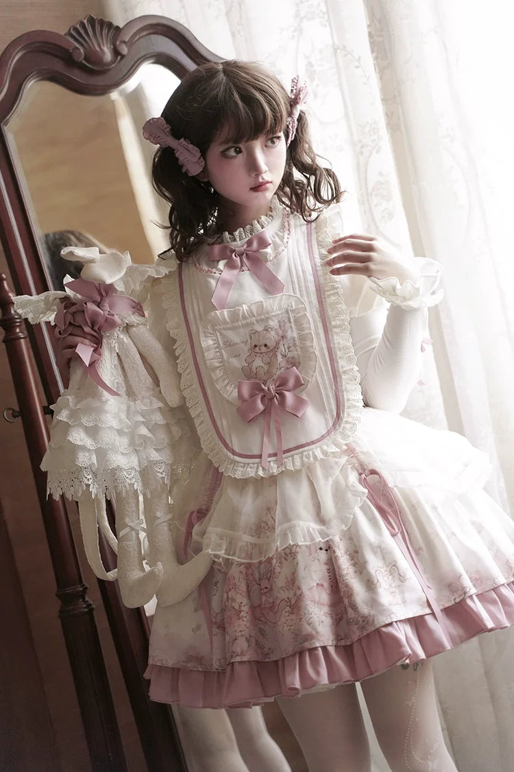 Half Sweet Lolita - Doll Garden - Sweet Lolita JSK Dress Cat Print Pink Dress Set