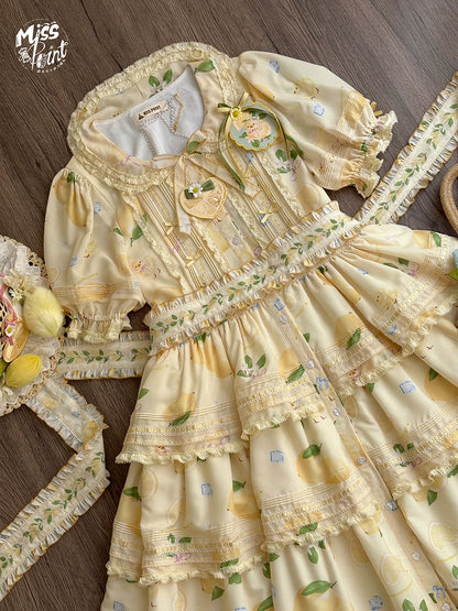 Miss Point - Lemon Chick - Country Lolita Printed OP With Button Front