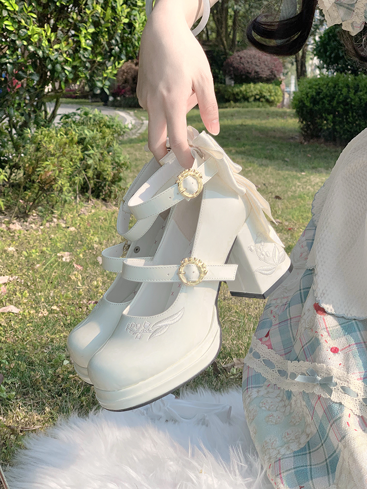 Dreamland - Dreamlike Lily of the Valley - Classic Lolita Platform Shoes with Back Large Bow