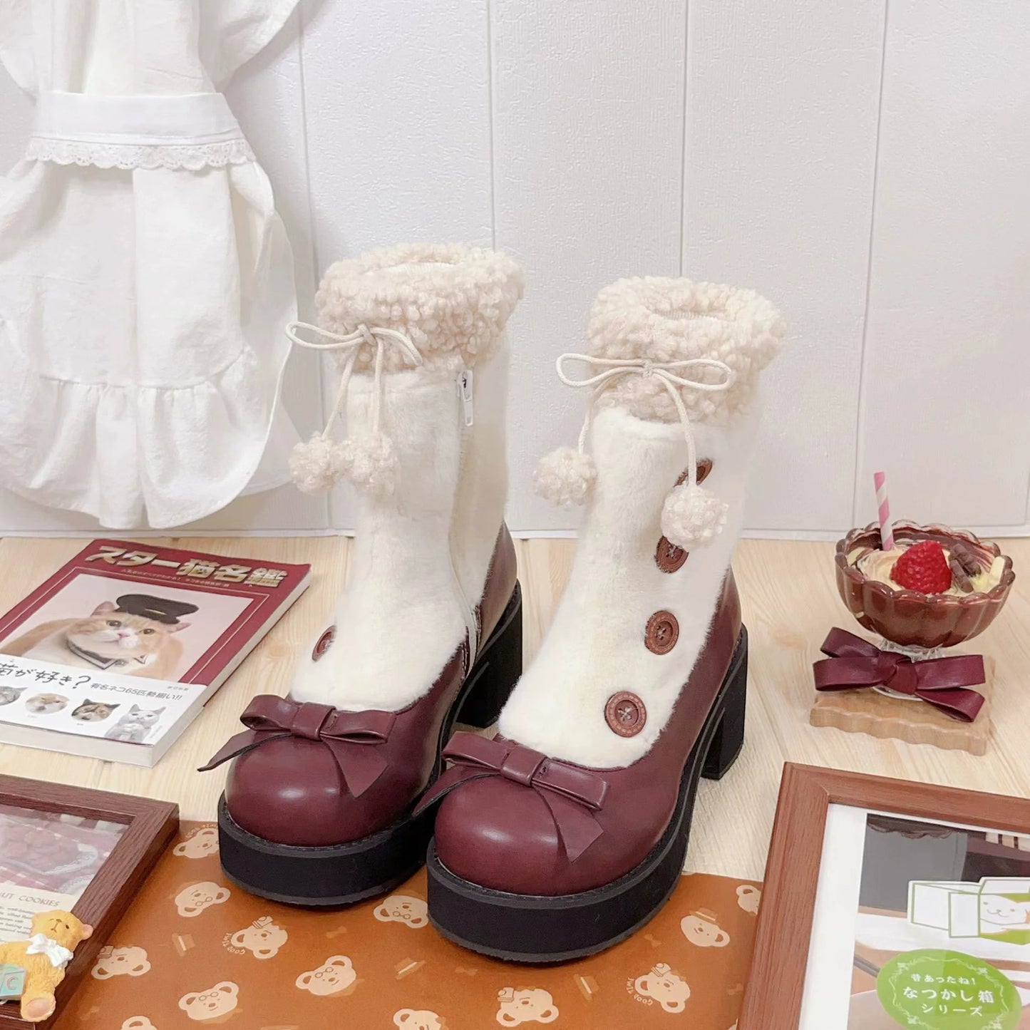 Dolly Doll - Winter Lolita Boots Fur Mary Jane Lolita Low Heel Shoes