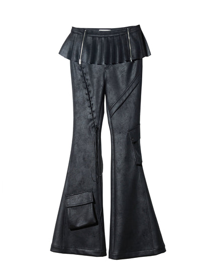 Cut-out Lace-up Pockets Decorated Flare Pants With Skirt