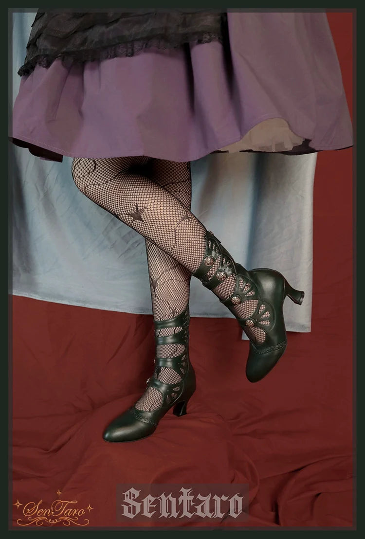 Sentaro - Floral Carved - Vintage Lolita Shoes Mary Jane Hollow-out Ankle Boots