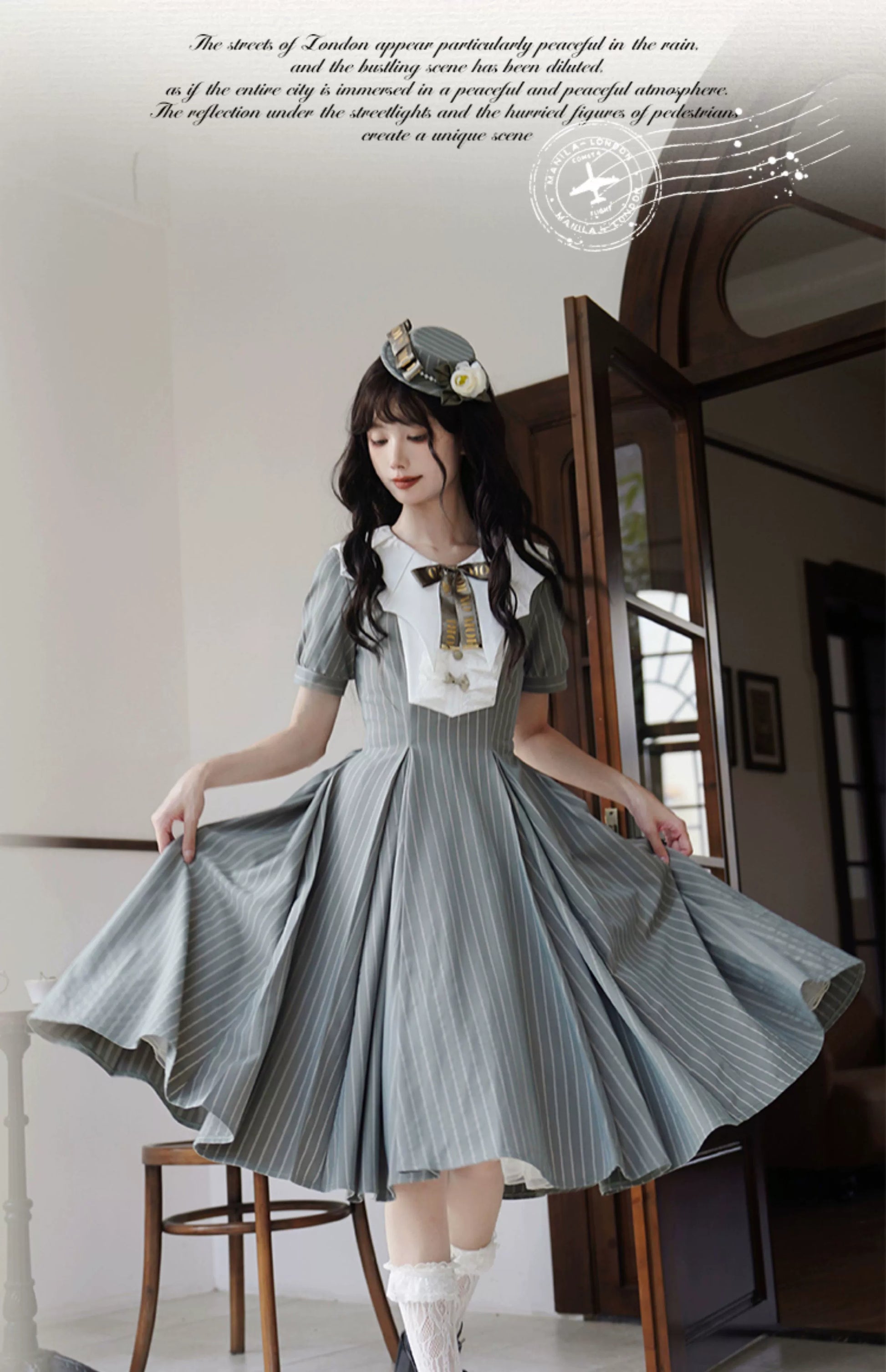 Forest Fluorescent Carps - The Rain of London - Elegant Lolita OP Dress, Bat Wing-Shaped Neckline