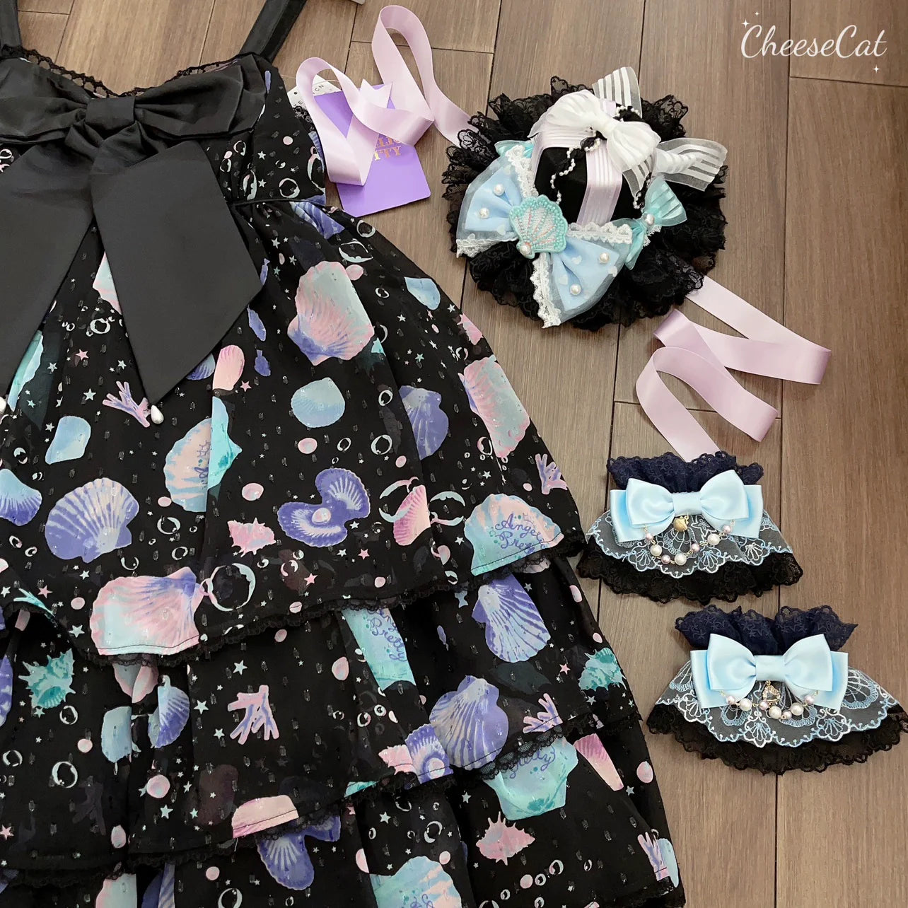 CheeseCat - Sweet Lolita Lace Cuffs Seashell Embroidery Ribbon Bow