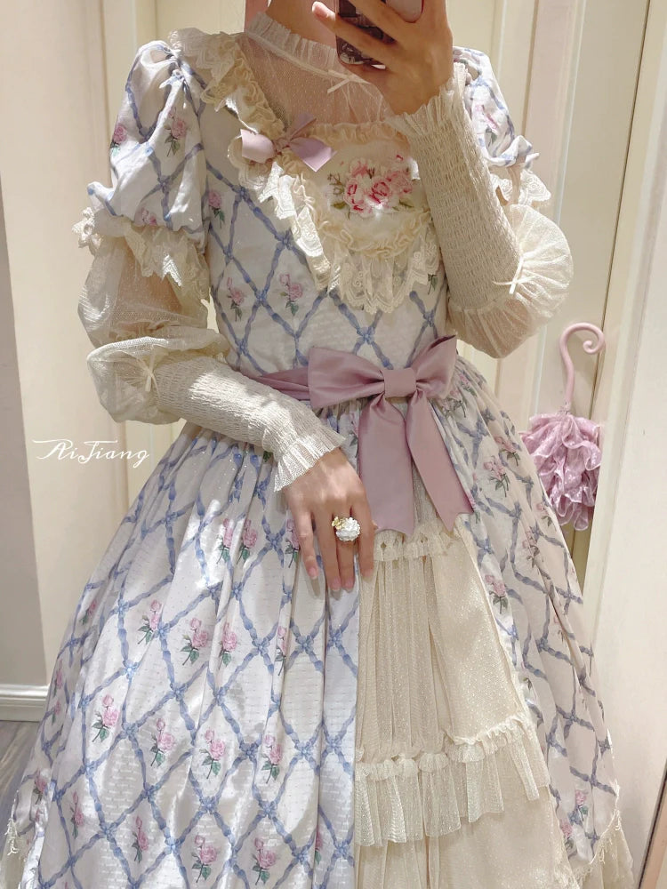 Moon River - Elegant Lolita OP Dress Short Sleeve Square Neckline Print Dress