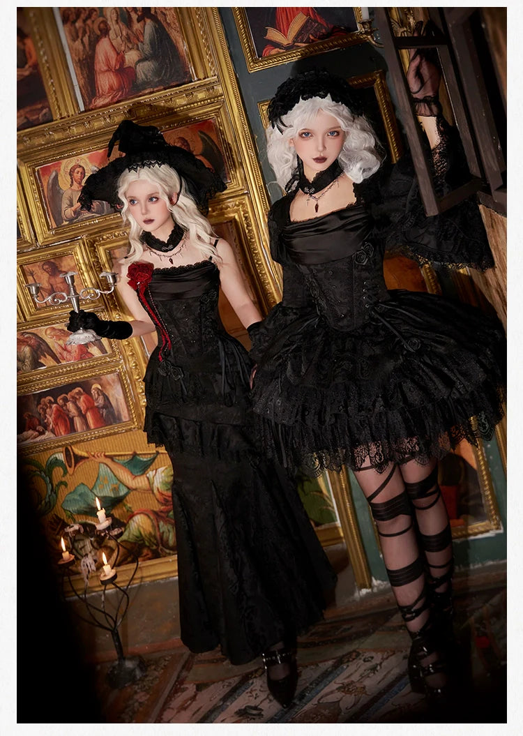 With PUJI - Letter and Poetry ﾂｷ Twilight - Black Gothic Lolita Skirt Set, Witch-Inspired