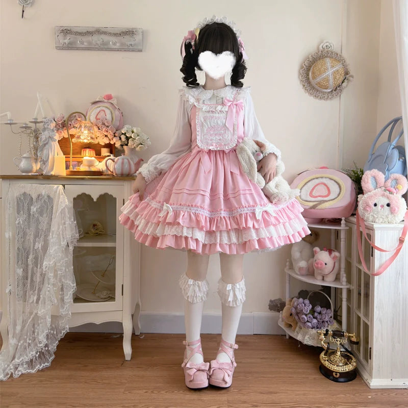 Hanguliang - Sweet Bear - Kawaii Lolita JSK Dress Embroidery Flounce Hem