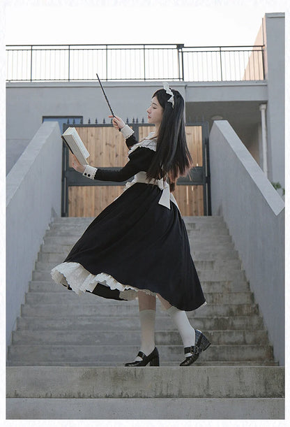 With PUJI - Kiss Kiss - Vintage Lolita OP Dress Maid Lolita Apron Dress